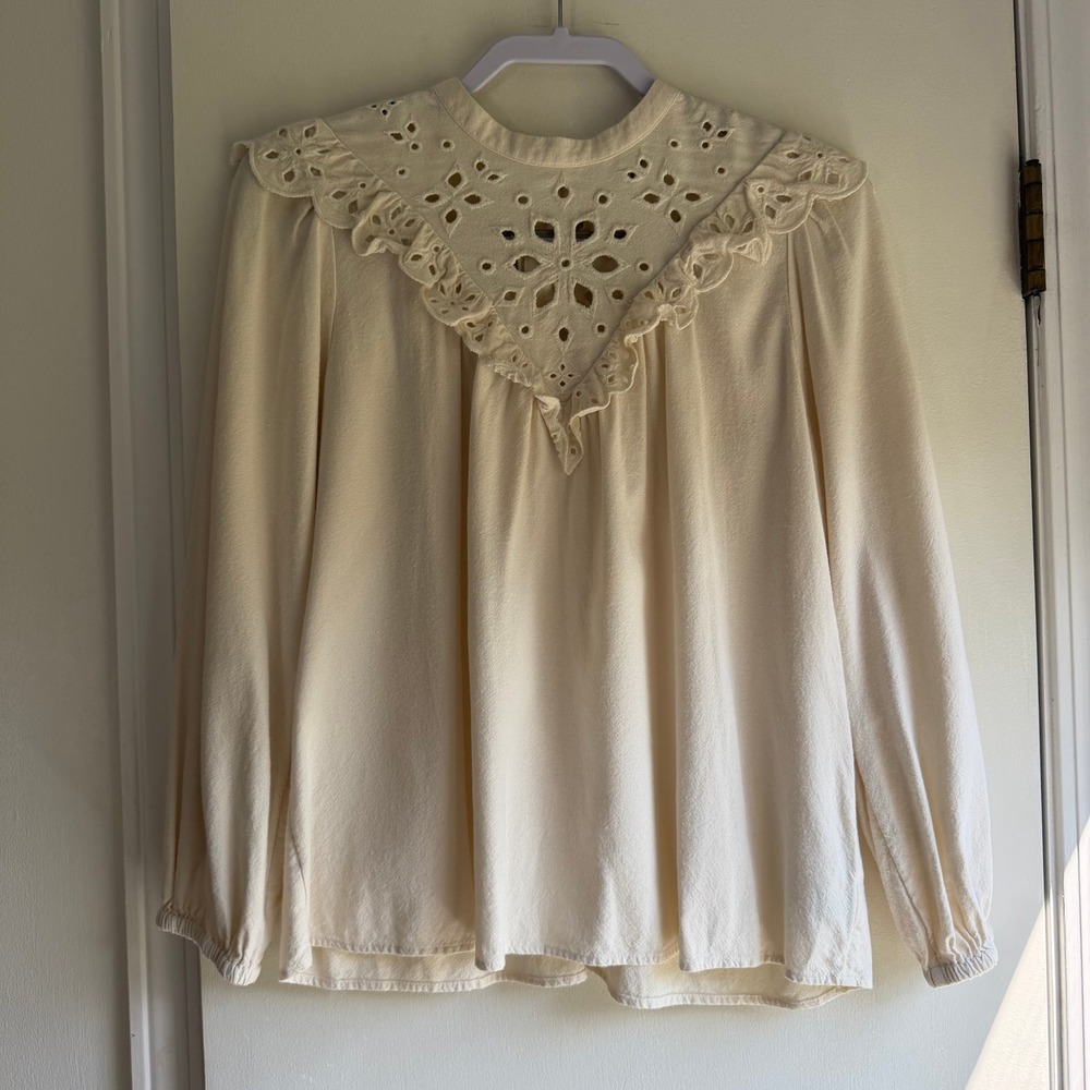Madewell Cream Eyelet Yoke Ruffle Long Sleeve Blouse Small Ivory Cotton Viscose